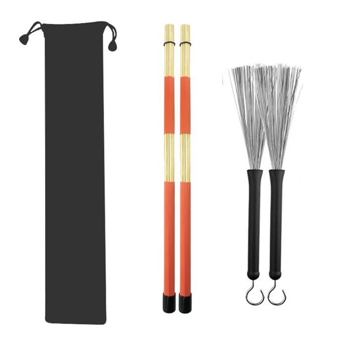 WingPower Drum Sticks Set,1 Pair Retractable Drum Wire Brushes and 1 Pair Rods Drum Brushes set for Adults, Rock Band, Jazz Folk Students with Portable Storage Bag - Image 1